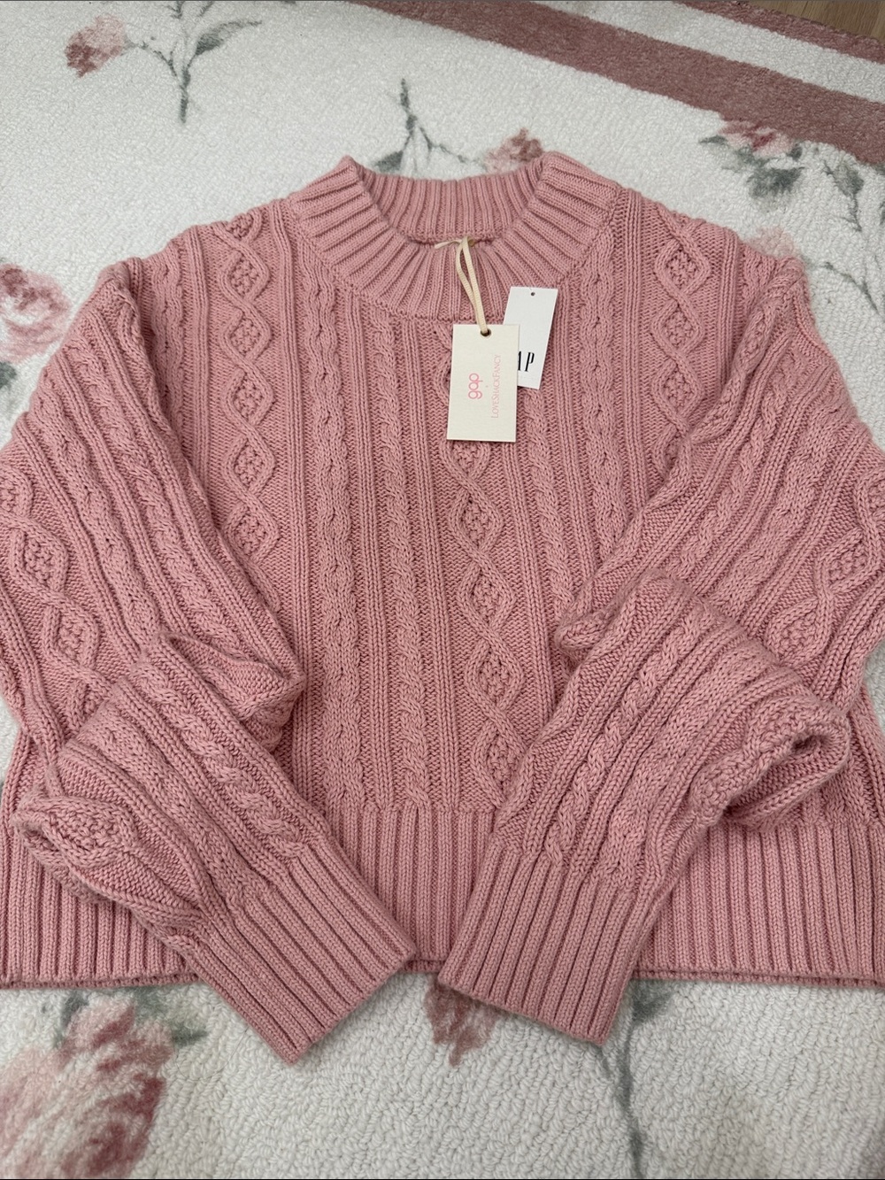 LoveShackFancy x GAP Dusty Pink Cable Knit Crewneck Sweater NWT